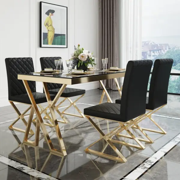 Dochic Modern Black Upholstered Leather Dining Table Chair Gold Legs Set of 2 - Image 3