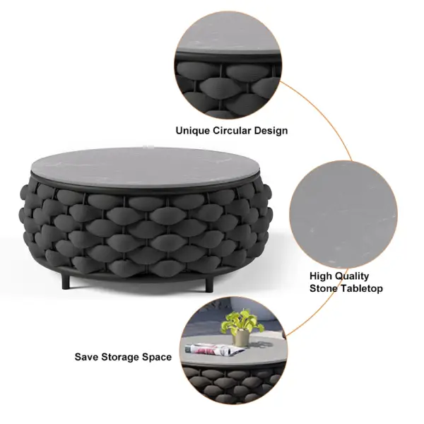 Tatta 4 Pieces Woven Rope Outdoor Sofa Set Faux Marble Top Coffee Table in Black & Gray - Image 18