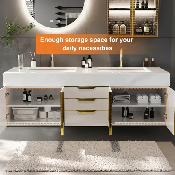 Aro 1500mm White Double Basin Wall Mounted Bathroom Vanity Drawers Faux Marble Top - Image 8