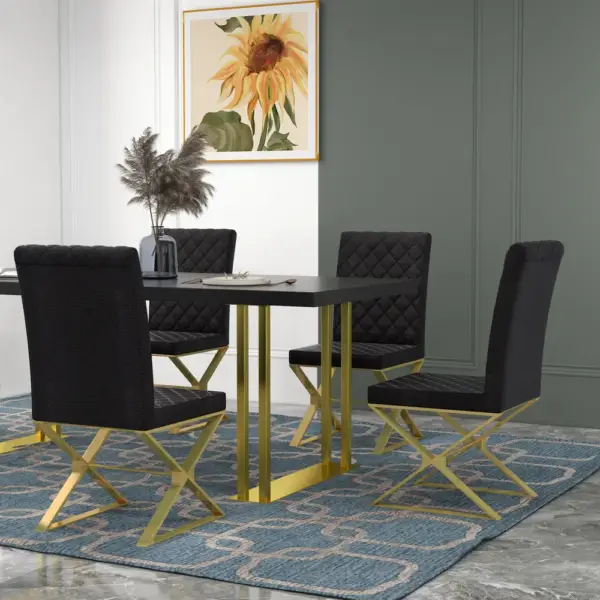 Dochic Modern Black Upholstered Leather Dining Table Chair Gold Legs Set of 2 - Image 9