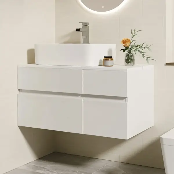 800mm White Wall-mount Floating Bathroom Vanity Faux Marble Top Ceramic Countertop Basin - Image 2