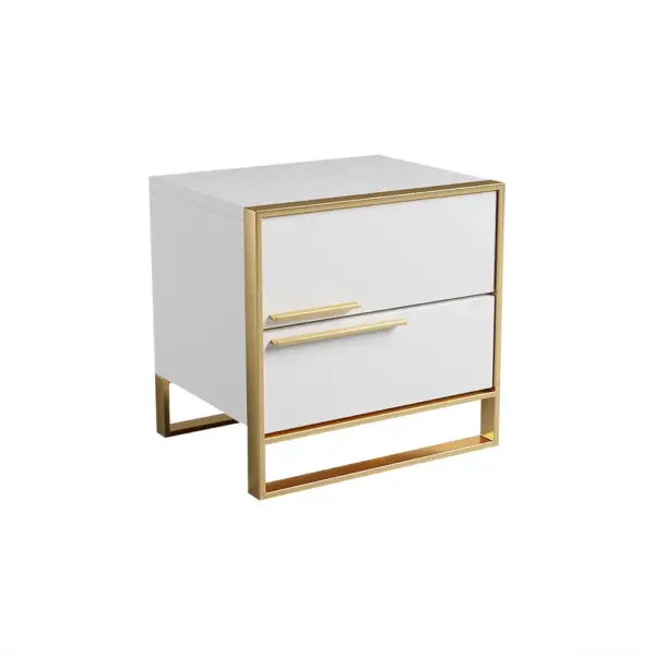 Nightstand Set of 2 White Square Bedside Table with 2 Drawers Minimalist Design in Gold - Image 10