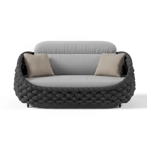 Tatta 4 Pieces Woven Rope Outdoor Sofa Set Faux Marble Top Coffee Table in Black & Gray - Image 10