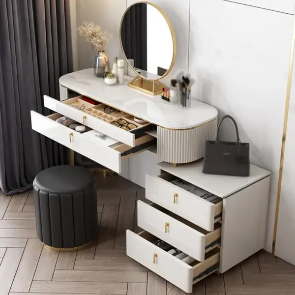 Pewter Modern 5-Drawer White Makeup Vanity Table Mirror & Side Cabinet Included - Image 4