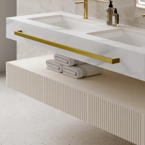 1400mm White Wall Mounted Double Basin Bathroom Vanity with 3 Drawers Faux Marble Top - Image 4
