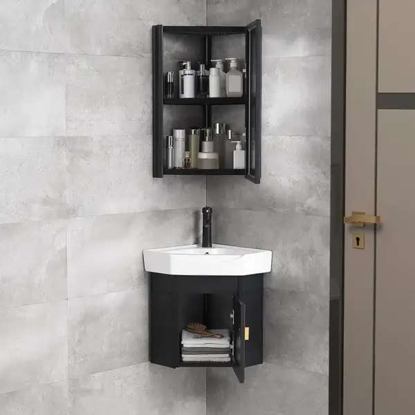 430mm Black Floating Corner Bathroom Vanity with Medicine Cabinet Ceramics Basin - Image 3