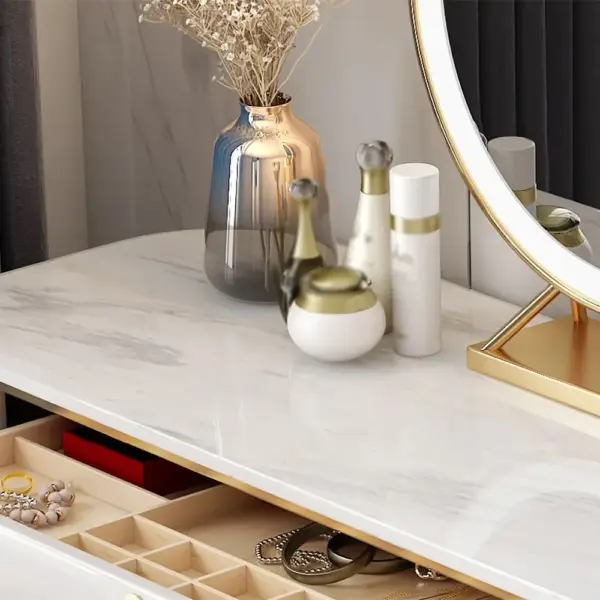 Pewter Modern 5-Drawer White Makeup Vanity Table Mirror & Side Cabinet Included - Image 5