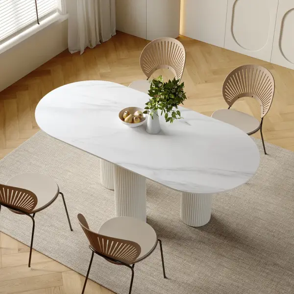 1400mm Modern Oval Stone Top Dining Table 3 Legs in White - Image 6