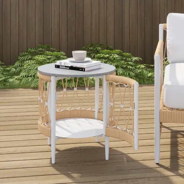 Ropipe 470mm Round Outdoor Side Table with Storage Patio Weave Rope End Table in Khaki - Image 3