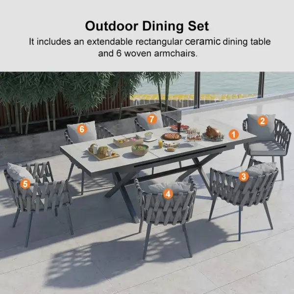 7 Pieces Aluminum Outdoor Dining Set with Extendable Ceramic Top Table Woven Armchair - Image 14
