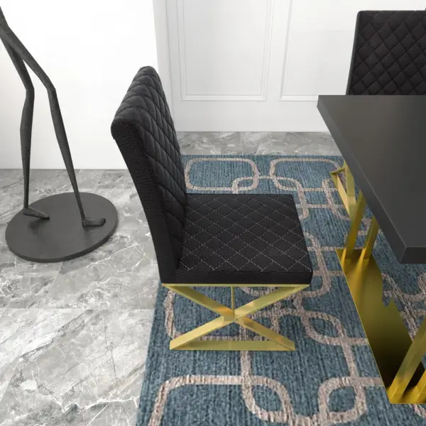 Dochic Modern Black Upholstered Leather Dining Table Chair Gold Legs Set of 2 - Image 4