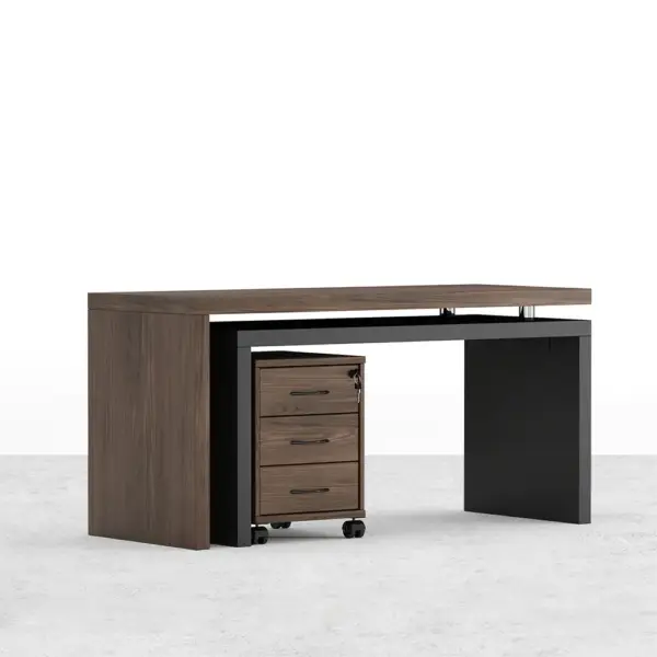 Modern Swivel Desk with Movable File Cabinet Black & Walnut L-Shaped Rotating Desk - Image 8