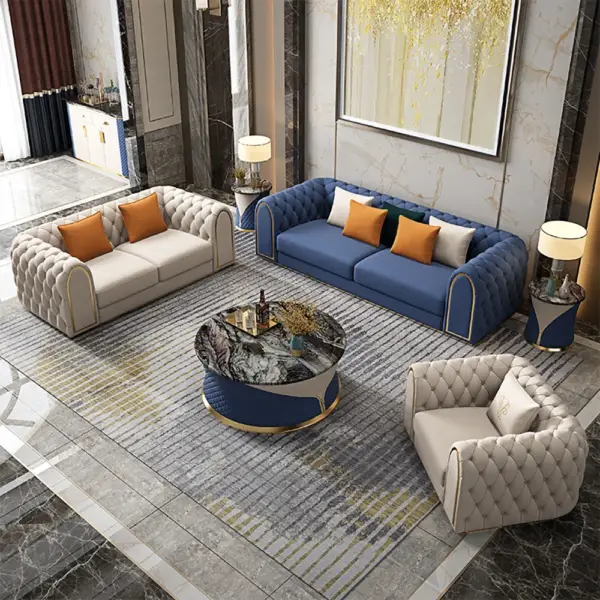 3-Piece Blue & Beige Luxury Velvet Upholstered Chesterfield Sofa Living Room Set - Image 2