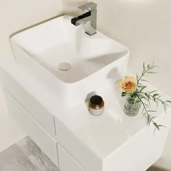 800mm White Wall-mount Floating Bathroom Vanity Faux Marble Top Ceramic Countertop Basin - Image 5