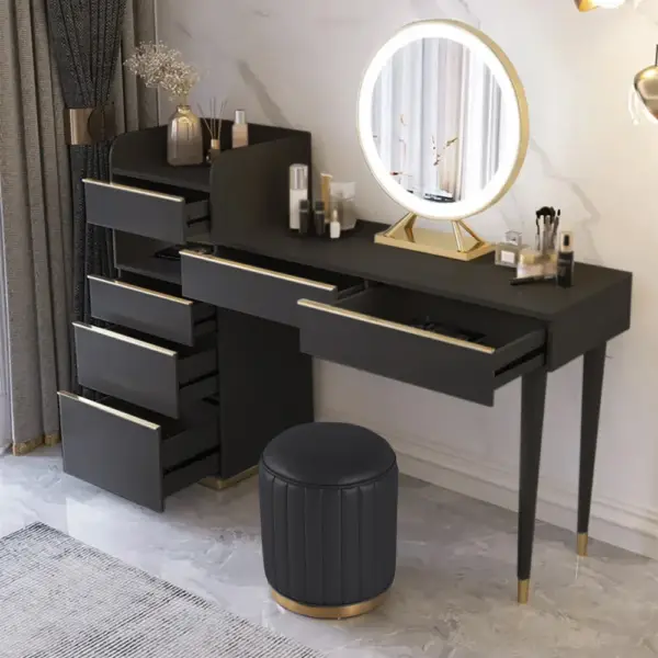 Modern Black Makeup Vanity Set Dressing Table with Lighted Mirror Cabinet & Stool - Image 4