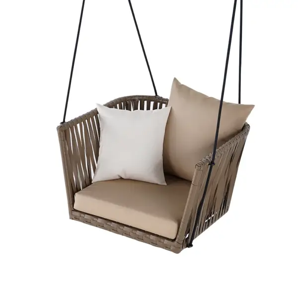 Traditional Outdoor Hanging Chair Rattan Porch Swing Chair with Khaki Cushion Pillow - Image 11