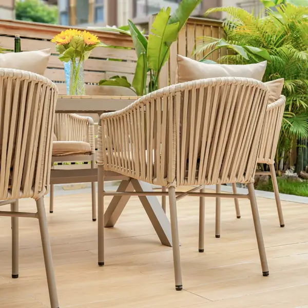 7 Pieces Outdoor Dining Set with Rectangle Table and Woven Rattan Armchair in Natural - Image 7