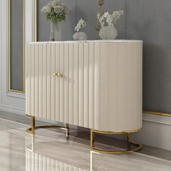 Epaule Off White Modern Sideboard Buffet PU Leather Sideboard Cabinet with Drawers Gold - Image 3