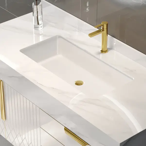 Aro 900mm White Wall Mounted Bathroom Vanity Drawers Faux Marble Top - Image 8
