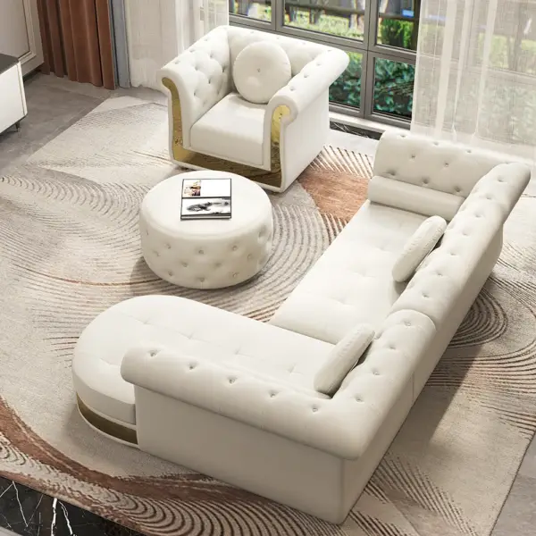 Dodiy Modern L-Shaped White Tufted Corner Sectional Sofa 6-Seater with Ottoman & Pillows - Image 4
