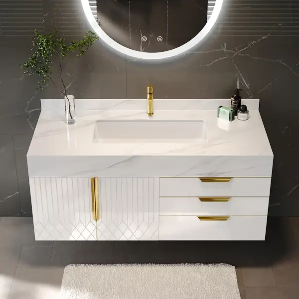 Aro 900mm White Wall Mounted Bathroom Vanity Drawers Faux Marble Top - Image 2
