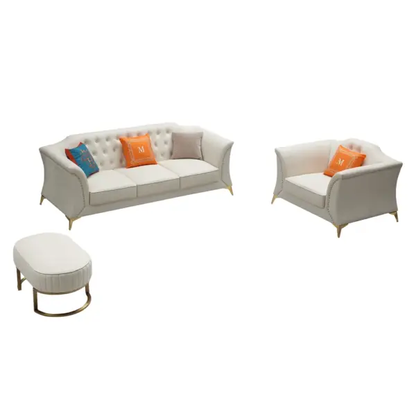 3 Piece Modern Faux Leather Living Room Set Chesterfield Sofa in Beige with Stool - Image 12