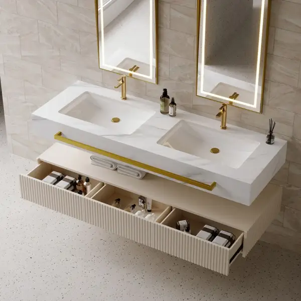 1400mm White Wall Mounted Double Basin Bathroom Vanity with 3 Drawers Faux Marble Top - Image 3