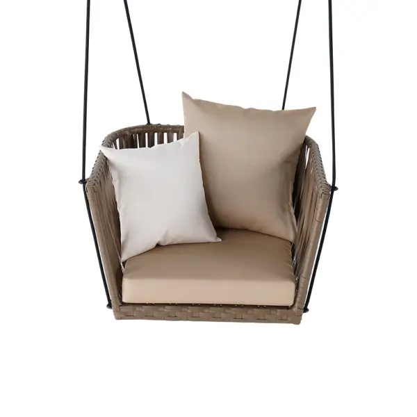 Traditional Outdoor Hanging Chair Rattan Porch Swing Chair with Khaki Cushion Pillow - Image 10