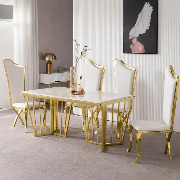 White Upholstered Dining Chairs (Set of 2) Stainless Steel Side Chair with Gold Legs - Image 5