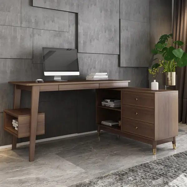 Ultic Walnut L Shaped Home Office Desk Wooden Computer Desk with Storage Drawers & Shelf - Image 5