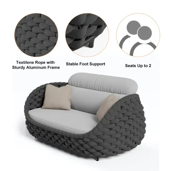 Tatta 4 Pieces Woven Rope Outdoor Sofa Set Faux Marble Top Coffee Table in Black & Gray - Image 16