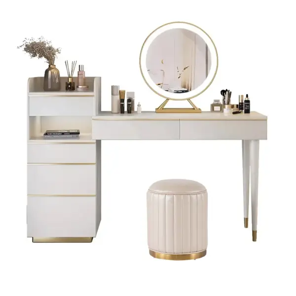Off-white Makeup Vanity Set Dressing Table with Lighted Mirror Cabinet & Stool Included - Image 11