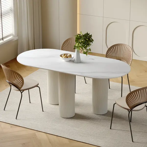 1400mm Modern Oval Stone Top Dining Table 3 Legs in White - Image 3