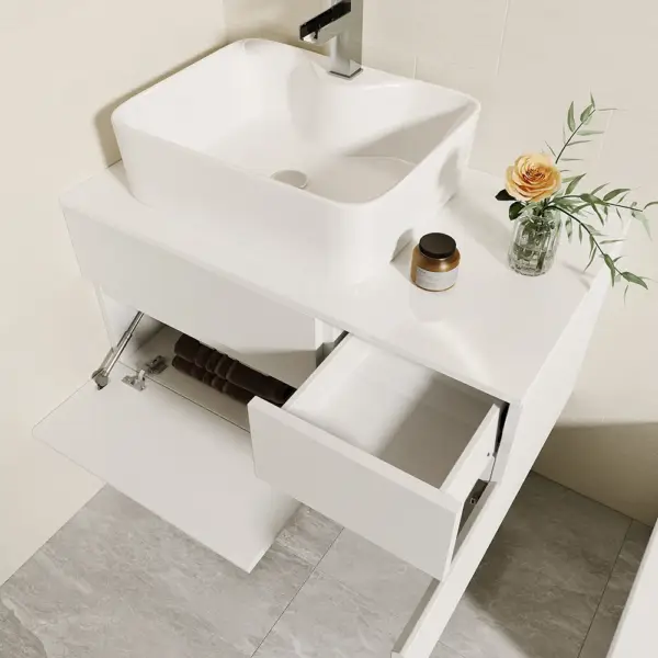 800mm White Wall-mount Floating Bathroom Vanity Faux Marble Top Ceramic Countertop Basin - Image 3