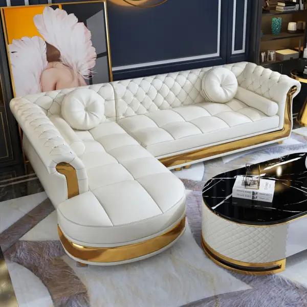 Dodiy Modern L-Shaped White Corner Sectional Sofa 5-Seater Leather with Chaise Pillows - Image 3