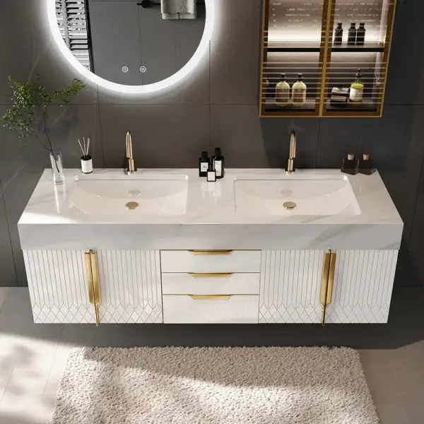 Aro 1500mm White Double Basin Wall Mounted Bathroom Vanity Drawers Faux Marble Top - Image 3