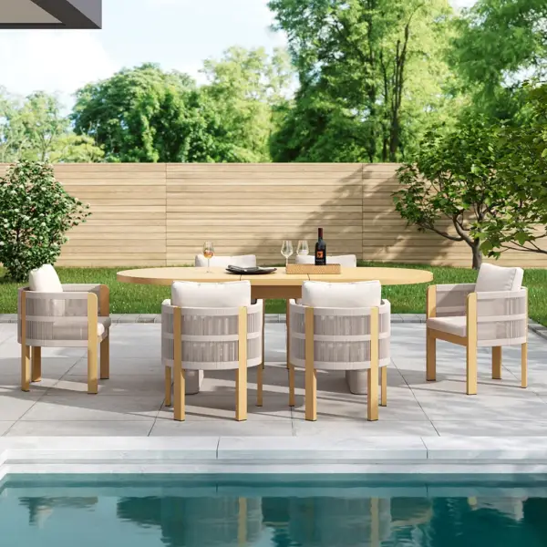 7 Pieces Aluminum Outdoor Dining Set with Extendable Top Table Woven Armchair for 6 - Image 2