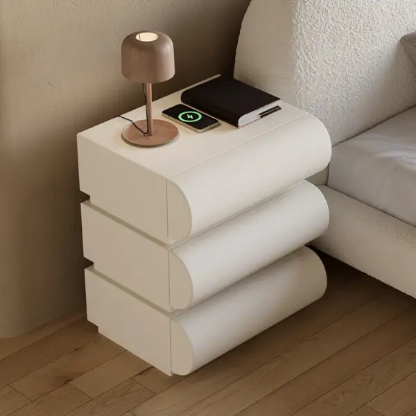 Humply Modern White Leather Smart Bedside Table with Wireless Charger Drawers Nightstand - Image 2