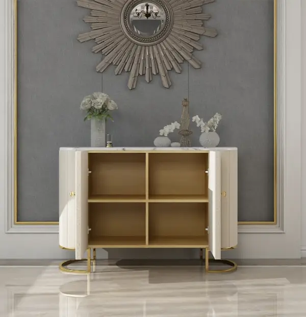 Epaule Off White Modern Sideboard Buffet PU Leather Sideboard Cabinet with Drawers Gold - Image 5