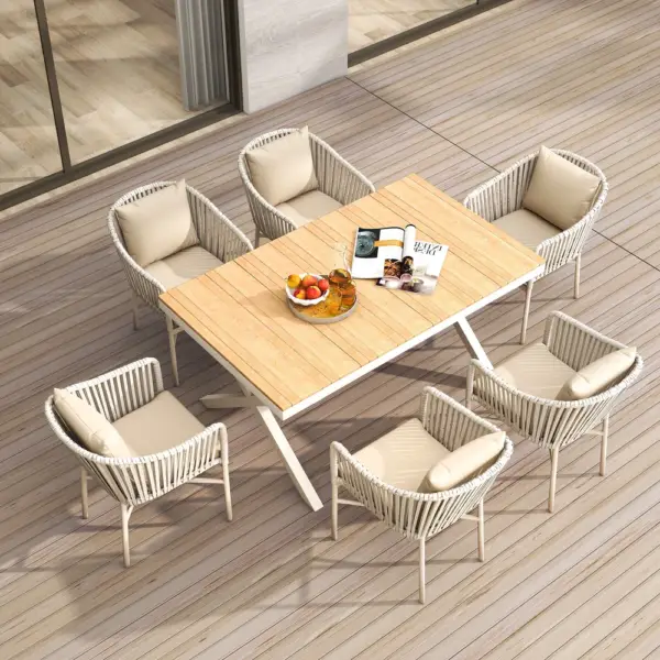 7 Pieces Outdoor Dining Set with Rectangle Table and Woven Rattan Armchair in Natural - Image 3