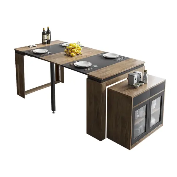 Modern Extendable Dining Table with 4 Chairs Rectangle Storage Sideboard Walnut&Gray - Image 9