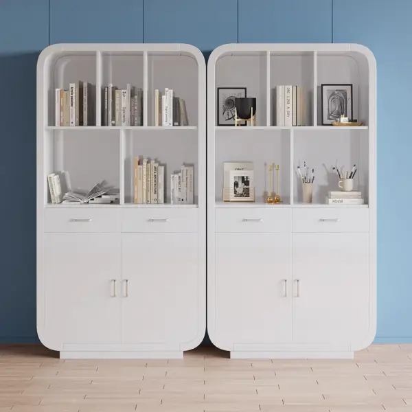 2010mm White Bookcase with Doors Modern Etagere Bookcase with Drawers - Image 7