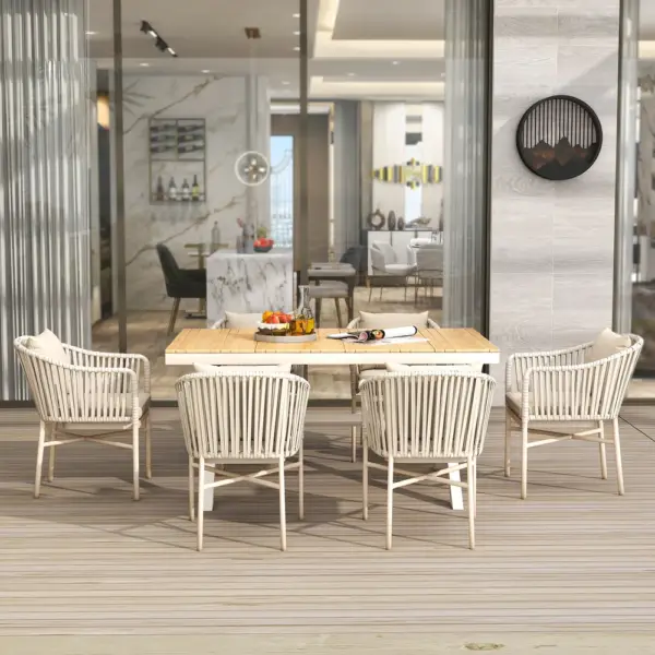 7 Pieces Outdoor Dining Set with Rectangle Table and Woven Rattan Armchair in Natural - Image 4