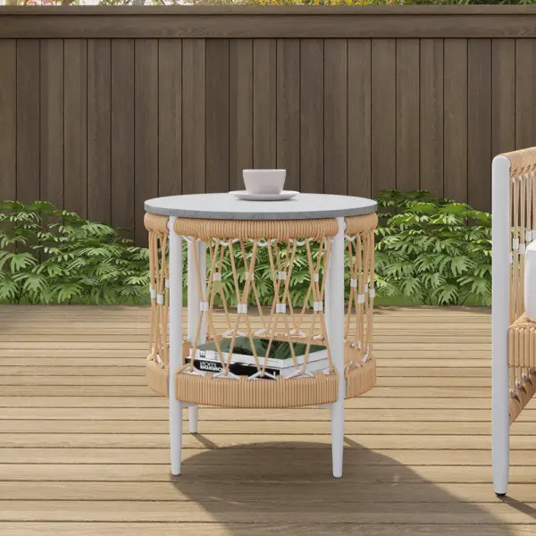 Ropipe 470mm Round Outdoor Side Table with Storage Patio Weave Rope End Table in Khaki - Image 2