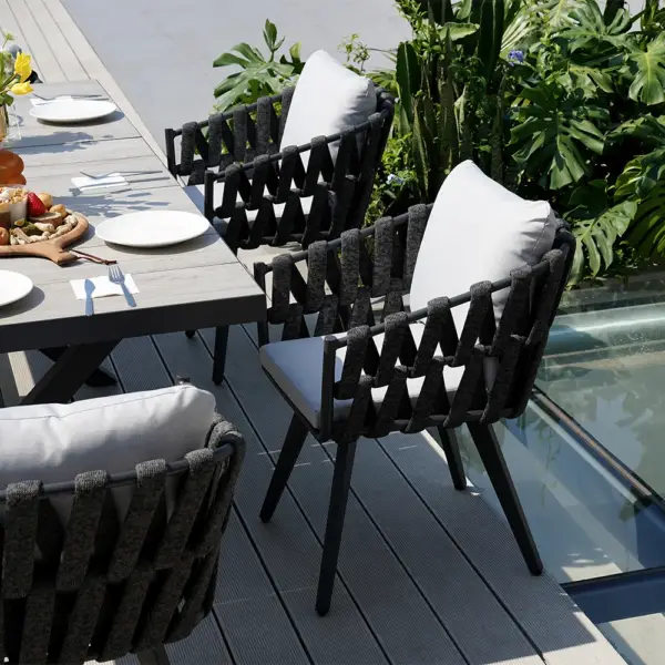 7 Pieces Aluminum Outdoor Dining Set with Extendable Ceramic Top Table Woven Armchair - Image 4