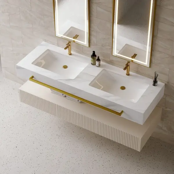 1400mm White Wall Mounted Double Basin Bathroom Vanity with 3 Drawers Faux Marble Top - Image 2