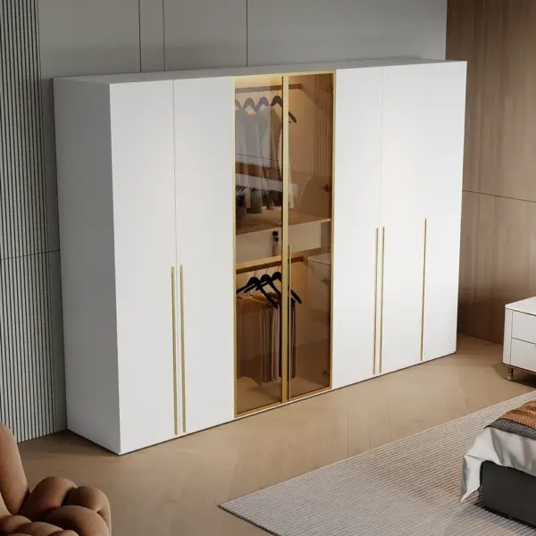 White & Gold Modern Extra Wide Wardrobe with Clear Glass Door Storage with Sensor Light - Image 7