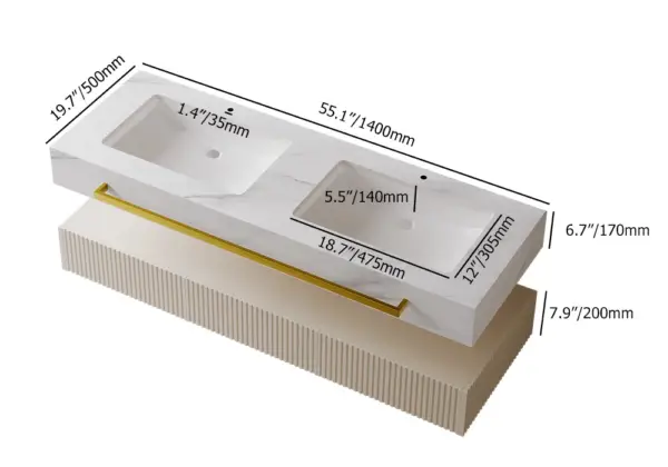 1400mm White Wall Mounted Double Basin Bathroom Vanity with 3 Drawers Faux Marble Top - Image 11