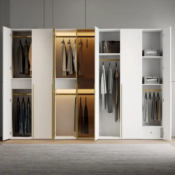 White & Gold Modern Extra Wide Wardrobe with Clear Glass Door Storage with Sensor Light - Image 9
