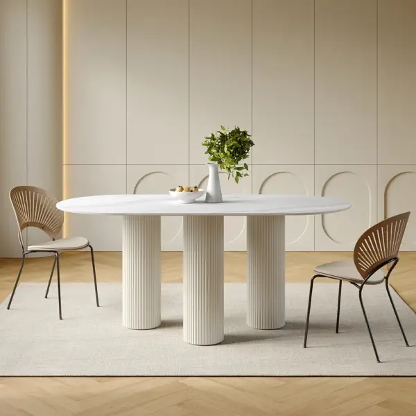 1400mm Modern Oval Stone Top Dining Table 3 Legs in White